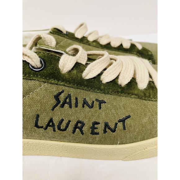SAINT LAURENT Olive Distressed Canvas Court Logo Embroidered SL/06 Sneakers 36.5 - Picture 10 of 12